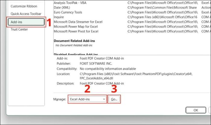 Chọn Excel Add-ins để khắc phục lỗi không mở được file Excel