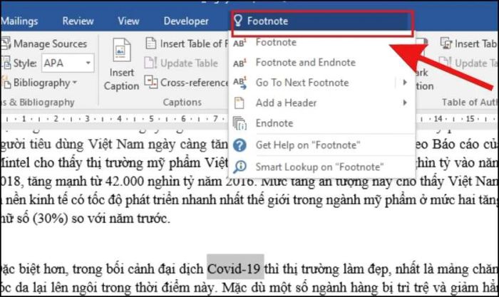 Nhập từ khóa Footnote để mở công cụ tạo Footnote trong Word