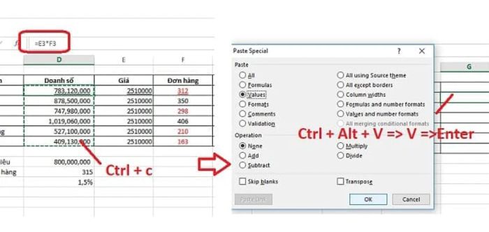 Các phím tắt dán trong Excel 2003, 2007, 2010, 2016