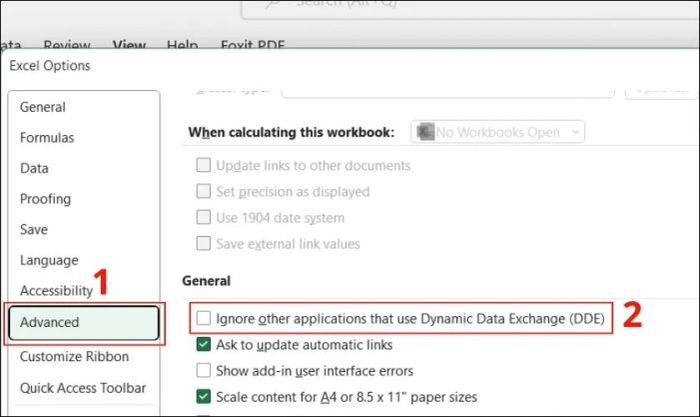 Vô hiệu hóa Dynamic Data Exchange để sửa lỗi không mở được file Excel