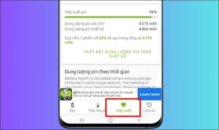 Khởi động ứng dụng AccuBattery và truy cập vào mục Hiệu suất