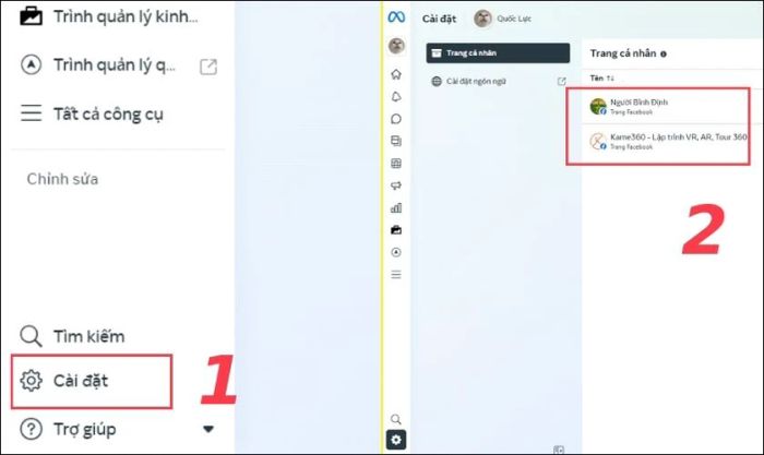 Nhấn vào Cài đặt và chọn Fanpage cần thêm quản trị viên