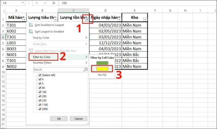 Hướng dẫn sử dụng hàm lọc dữ liệu màu sắc có điều kiện trong Excel