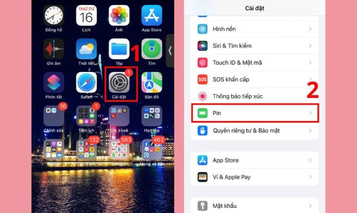 Truy cập Cài đặt và chọn mục Pin