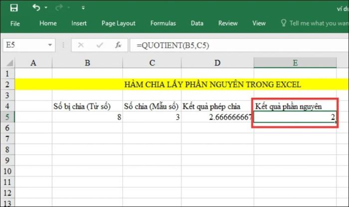 hàm quotient lấy nguyên trong excel