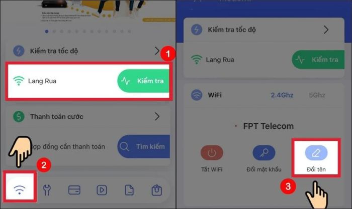 Nhấn vào biểu tượng Wifi và chọn Đổi tên