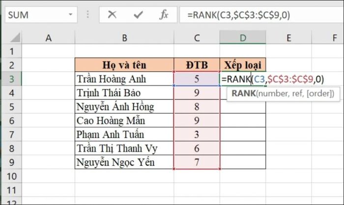 Cách thiết lập công thức hàm RANK trong Excel để xếp hạng từ thấp đến cao