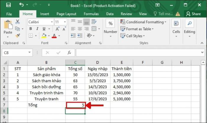 Kết quả sau khi áp dụng hàm COUNT trong Excel
