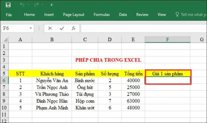 phép tính division trong excel