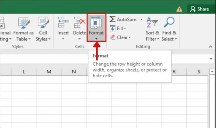 Chọn mục Format để bắt đầu quá trình ẩn cột cần thiết.
