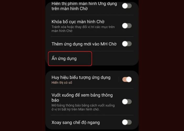nhấn vào tùy chọn ẩn ứng dụng