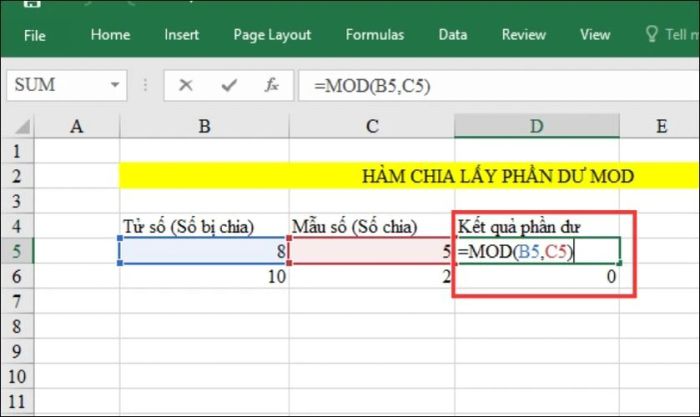 hàm division lấy phần dư trong excel