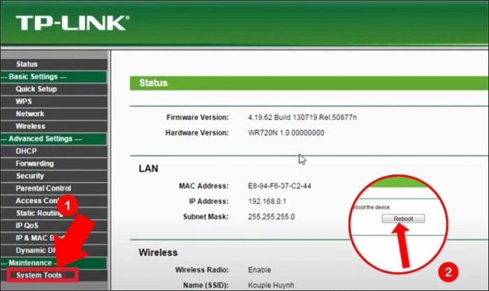 Chọn Reboot để khởi động lại Wifi của bạn