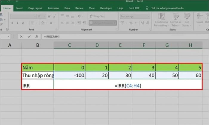 Cách thiết lập công thức tính hàm IRR thực tế trong Excel