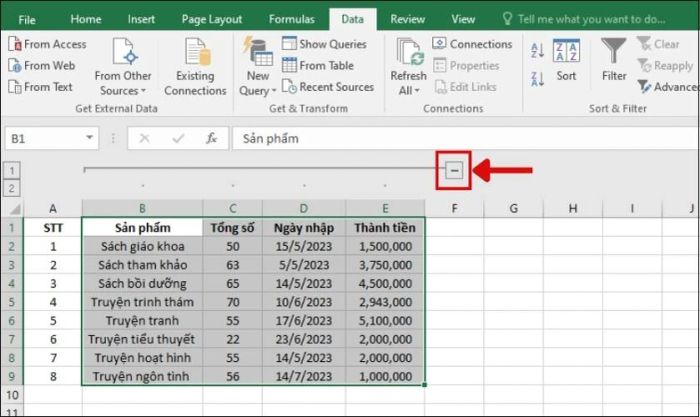 Nhấn vào dấu trừ để ẩn 1 hoặc nhiều cột trong Excel mà không cho chỉnh sửa