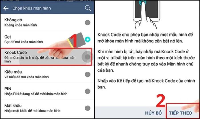 Chọn mục Knock Code để thiết lập mật khẩu