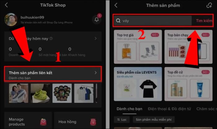 Chọn Thêm sản phẩm liên kết và tìm kiếm tên sản phẩm mong muốn