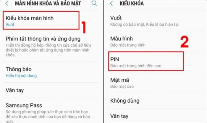 Nhấn vào mục Kiểu khóa màn hình và lựa chọn Mã PIN để tiếp tục.