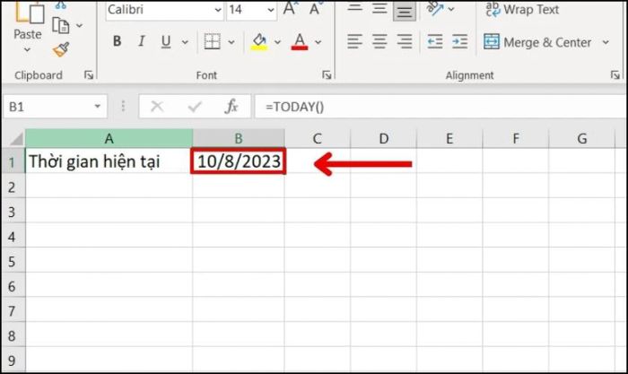 Nhập công thức vào ô để tính ngày hiện tại
