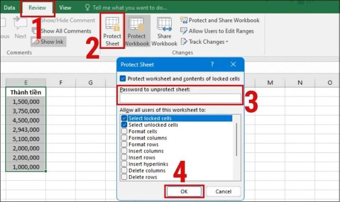 Nhấn OK để thiết lập mật khẩu cho cột trong Excel