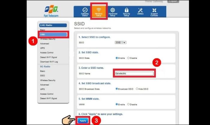 Thay đổi tên hiển thị tại SSID Name và nhấn Apply
