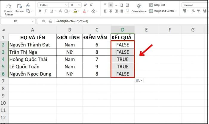 Ứng dụng hàm AND trong Excel để lọc giá trị logic