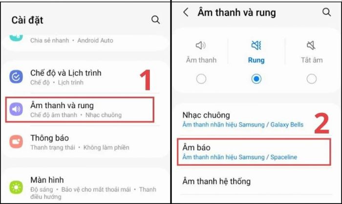 Truy cập vào Âm thanh và rung rồi chọn Âm báo