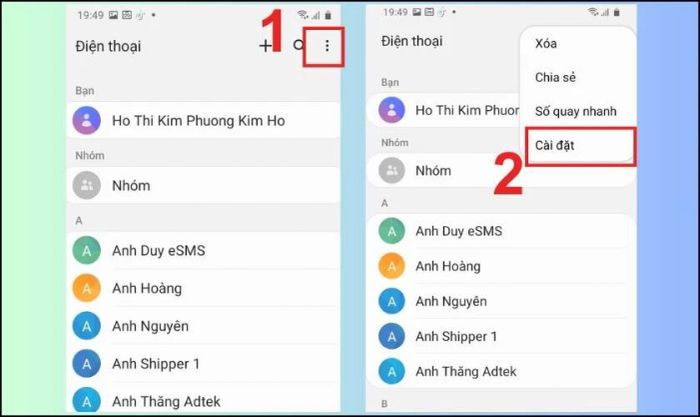 Hướng dẫn truy cập vào mục Cài đặt của Danh bạ
