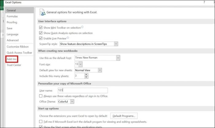 Cửa sổ Excel Options sẽ hiển thị, bạn nhấn chọn Add-ins