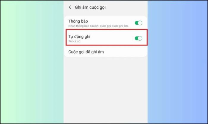 Kéo nút gạt màu xanh để kích hoạt chế độ Tự động ghi âm