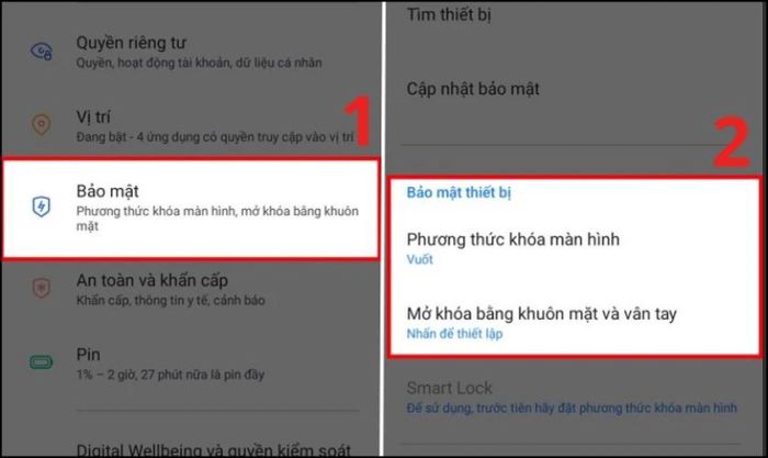 Nhấn chọn mục Bảo mật