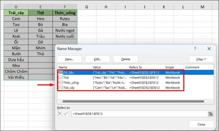 Sử dụng hàm INDIRECT với danh sách tùy chọn trong Excel