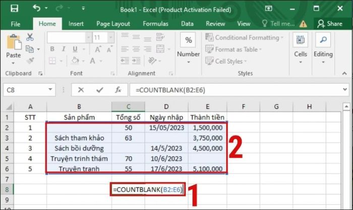 Hướng dẫn sử dụng hàm COUNTBLANK trong Excel