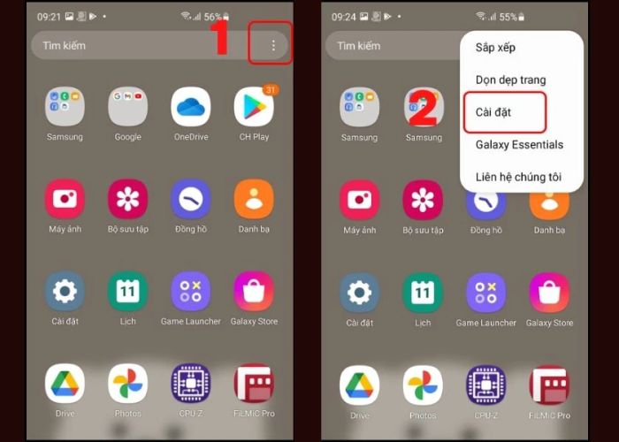 nhấn chọn vào mục cài đặt trên Samsung