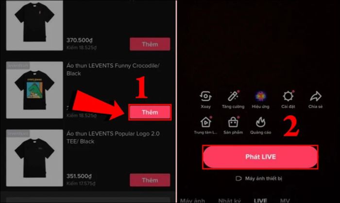 Chọn Thêm vào các sản phẩm muốn bán trên LIVE để đưa vào giỏ hàng