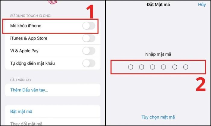 Nhấn chọn mục Bật mật mã trên điện thoại