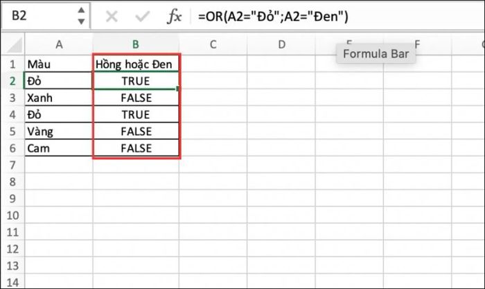 Kết quả khi áp dụng công thức hàm OR trong Excel