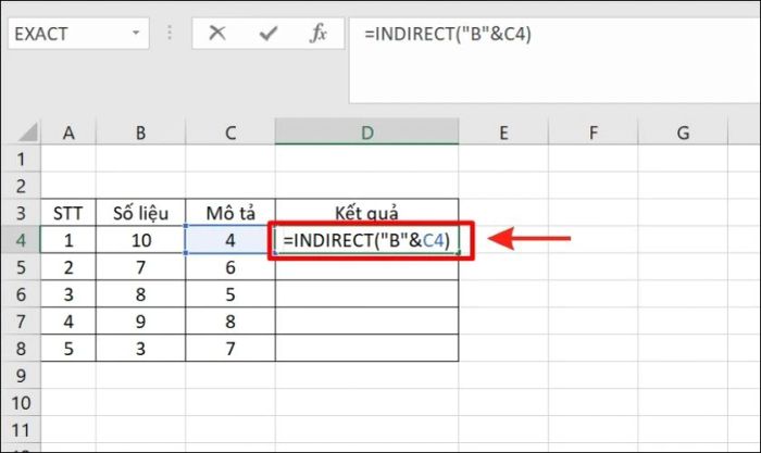 Sử dụng hàm INDIRECT để tạo tham chiếu gián tiếp từ giá trị ô và văn bản