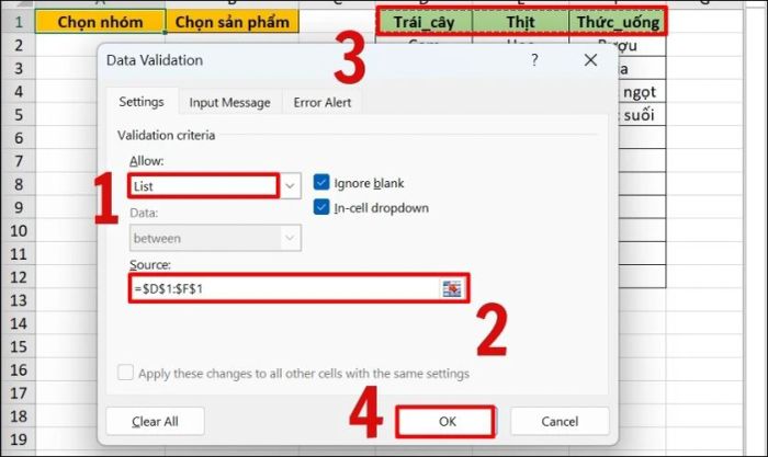 Nhập hàm tham chiếu đến ô Chọn nhóm