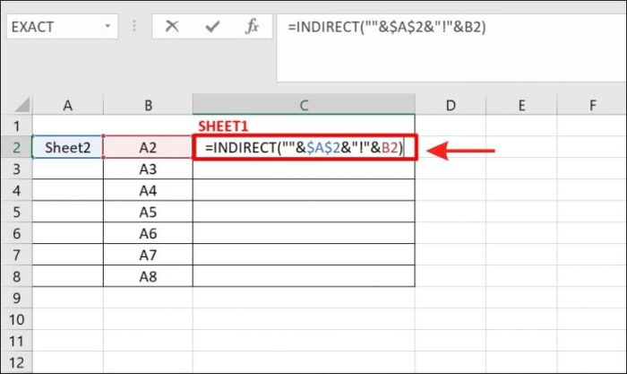 Công thức sử dụng hàm INDIRECT để tham chiếu đến trang tính khác