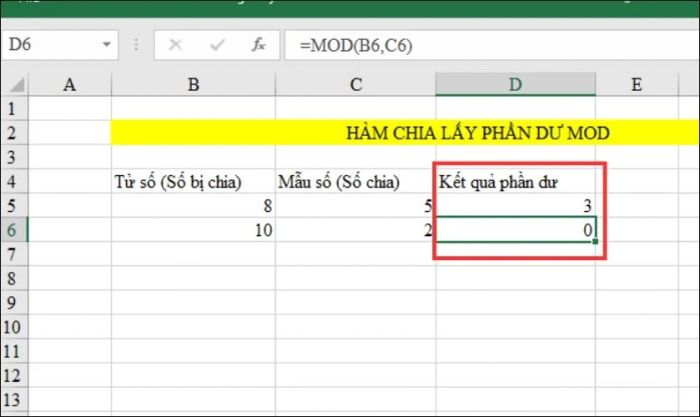 hàm mod lấy phần dư trên excel