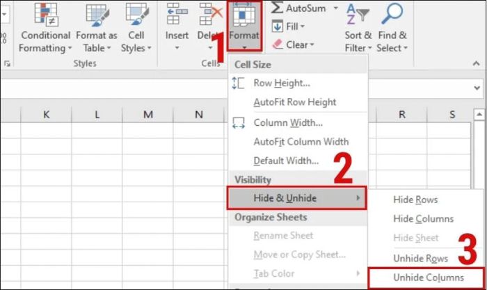 Chọn Unhide để khôi phục lại cột bị ẩn