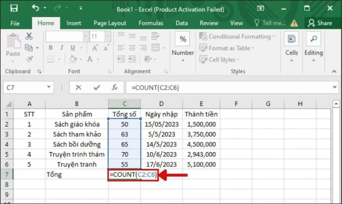 Cách nhập công thức hàm COUNT trong Excel