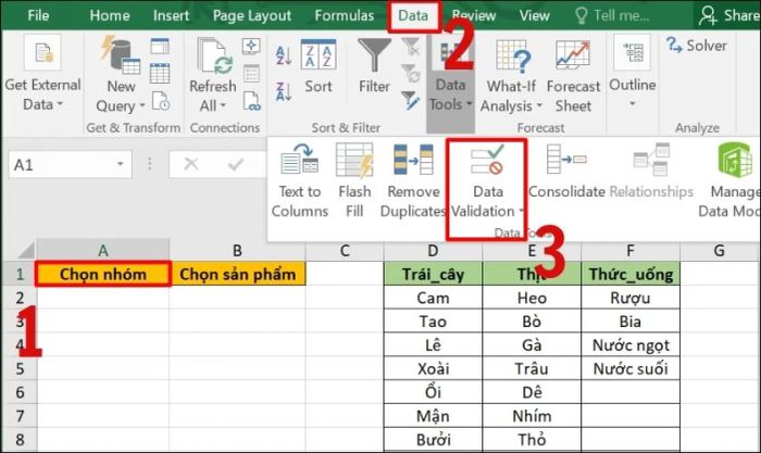 Nhấn vào Data và mở bảng Data Validation