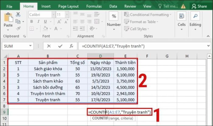 Kết quả sau khi áp dụng hàm COUNTIF
