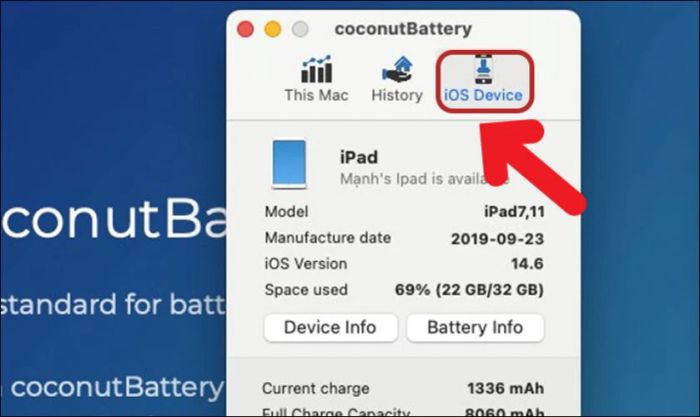 Khởi động CoconutBattery và chọn tab iOS Device