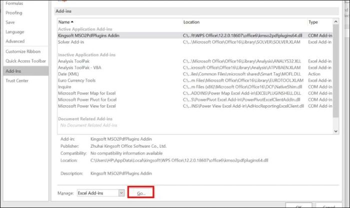 Tại mục Manage, bạn nhấn chọn Go kế bên Add-ins