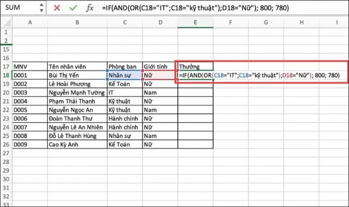 Cách kết hợp hàm OR với hàm AND và IF