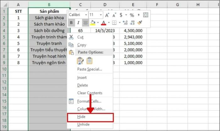 Tiếp theo, bạn chọn Hide để ẩn cột đã chọn.