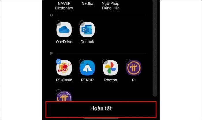 Chọn những ứng dụng cần ẩn và nhấn Hoàn tất